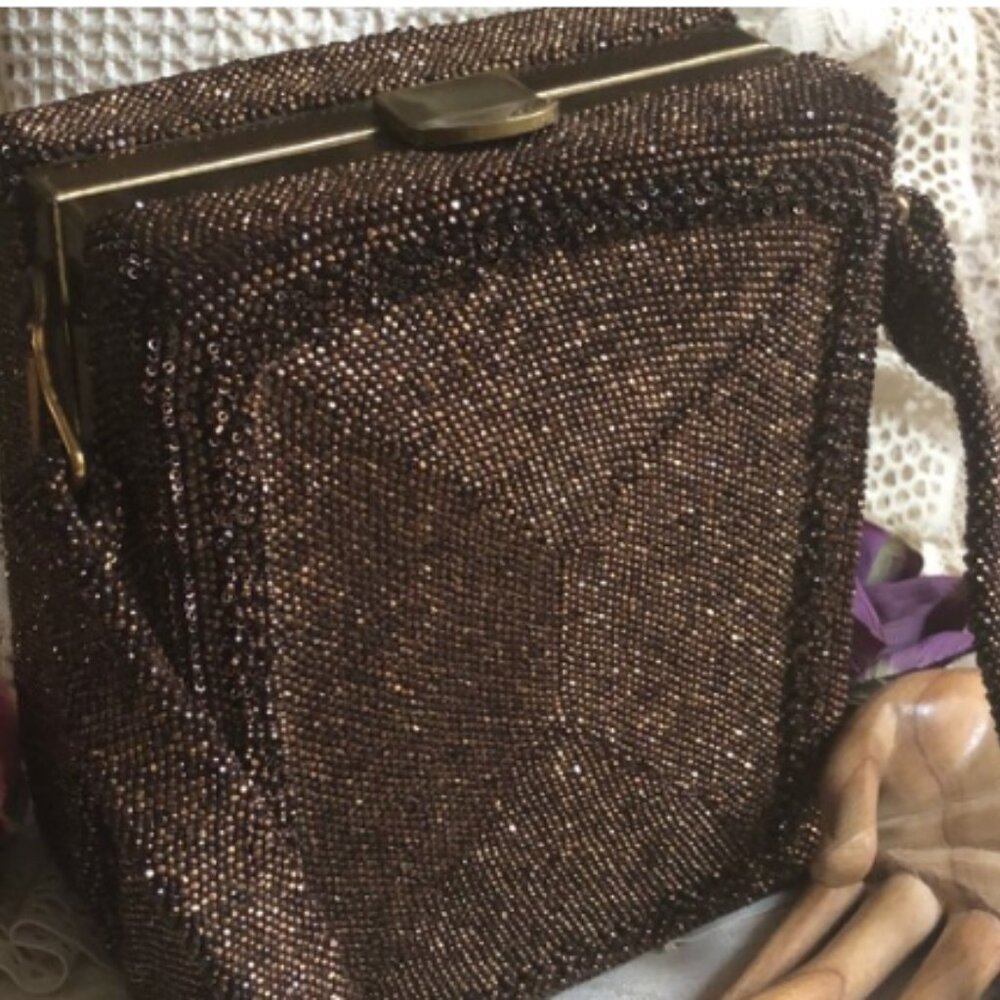 Vintage DU BONNETTE Mid Century Coppery Brown Beaded Evening Bag - Picture 2 of 13